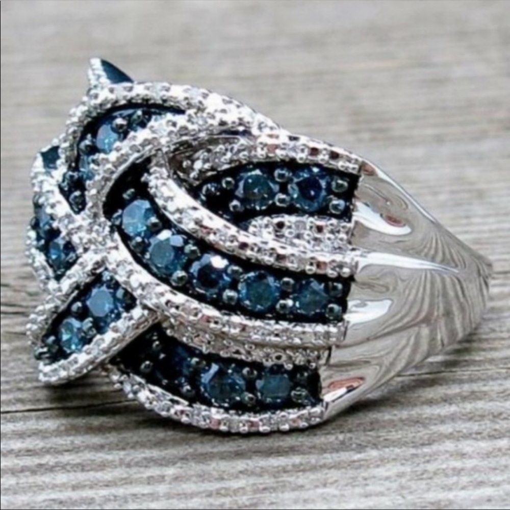 New Sapphire Sterling Silver Diamond Ring - Picture 1 of 4